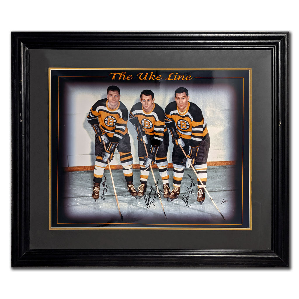Vic Stasiuk Bronco Horvath Johnny Bucyk Boston Bruins UKE LINE Autographed 23x27 Frame - Sport Authentix Inc