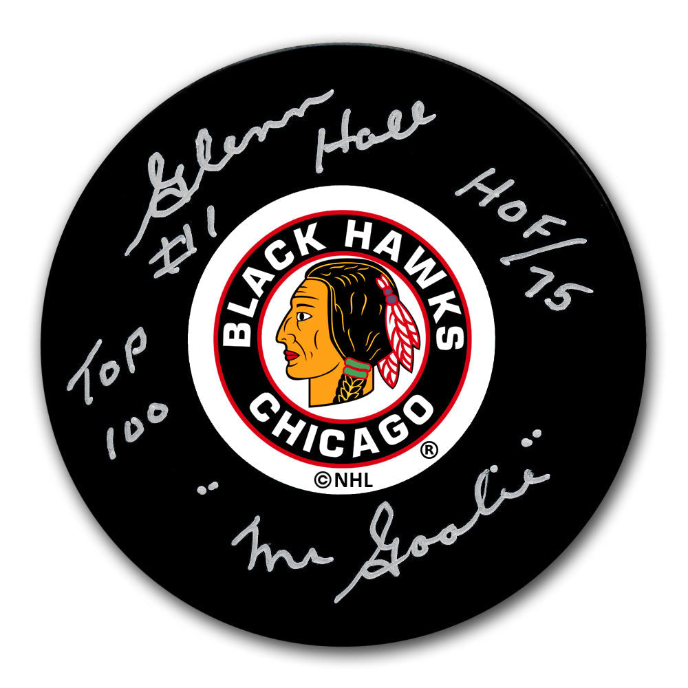 Glenn Hall Chicago Blackhawks HOF Mr. Goalie TOP 100 Autographed Puck