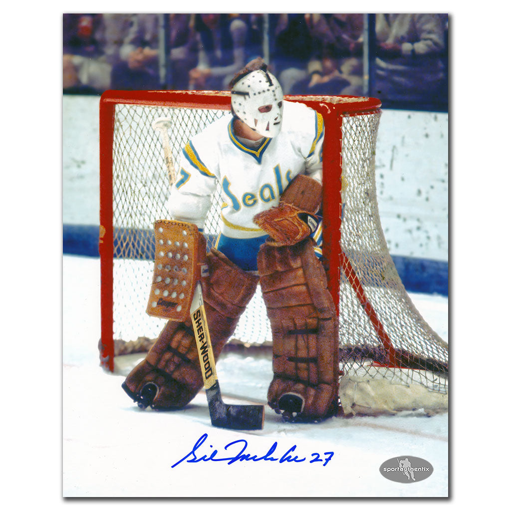 Gilles Meloche California Golden Seals WHITE JERSEY Autographed 8x10 - Sport Authentix Inc