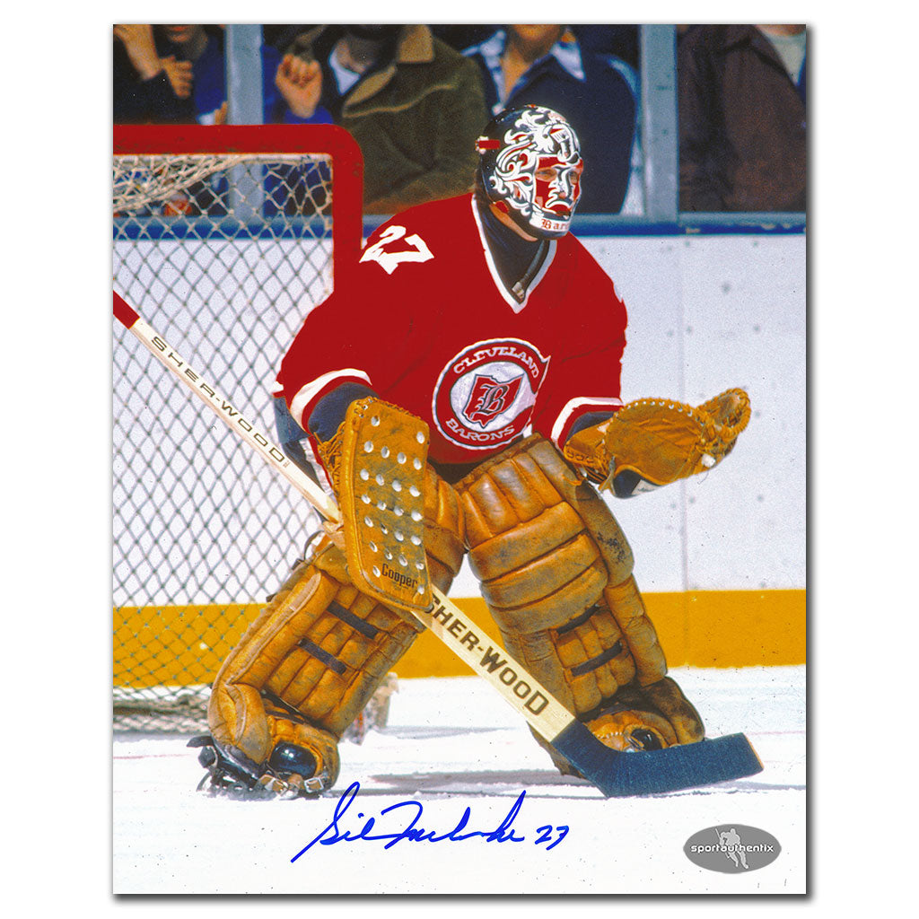 Gilles Meloche Cleveland Barons ACTION Autographed 8x10 - Sport Authentix Inc