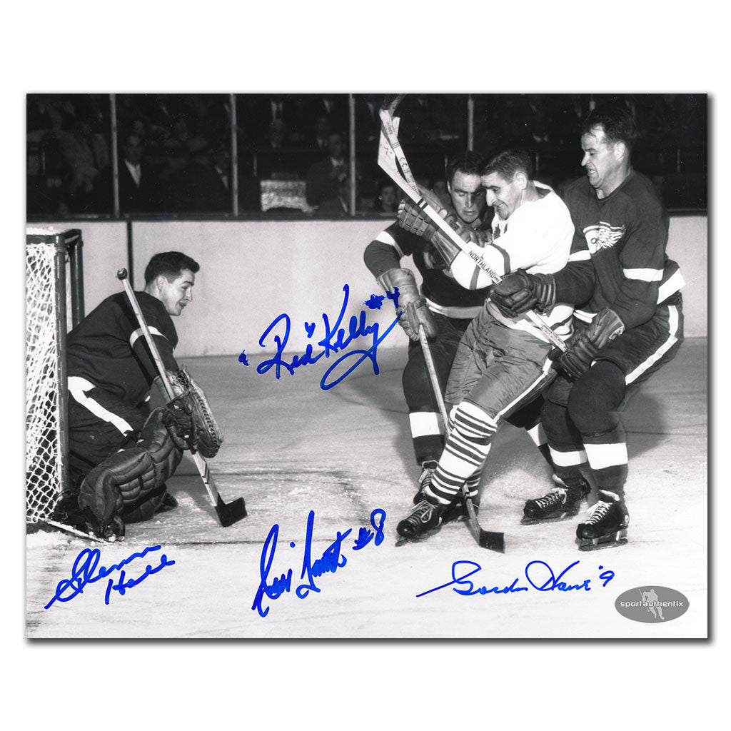Gordie Howe Glenn Hall & Red Kelly vs Sid Smith Autographed 8x10 Photo - Sport Authentix Inc