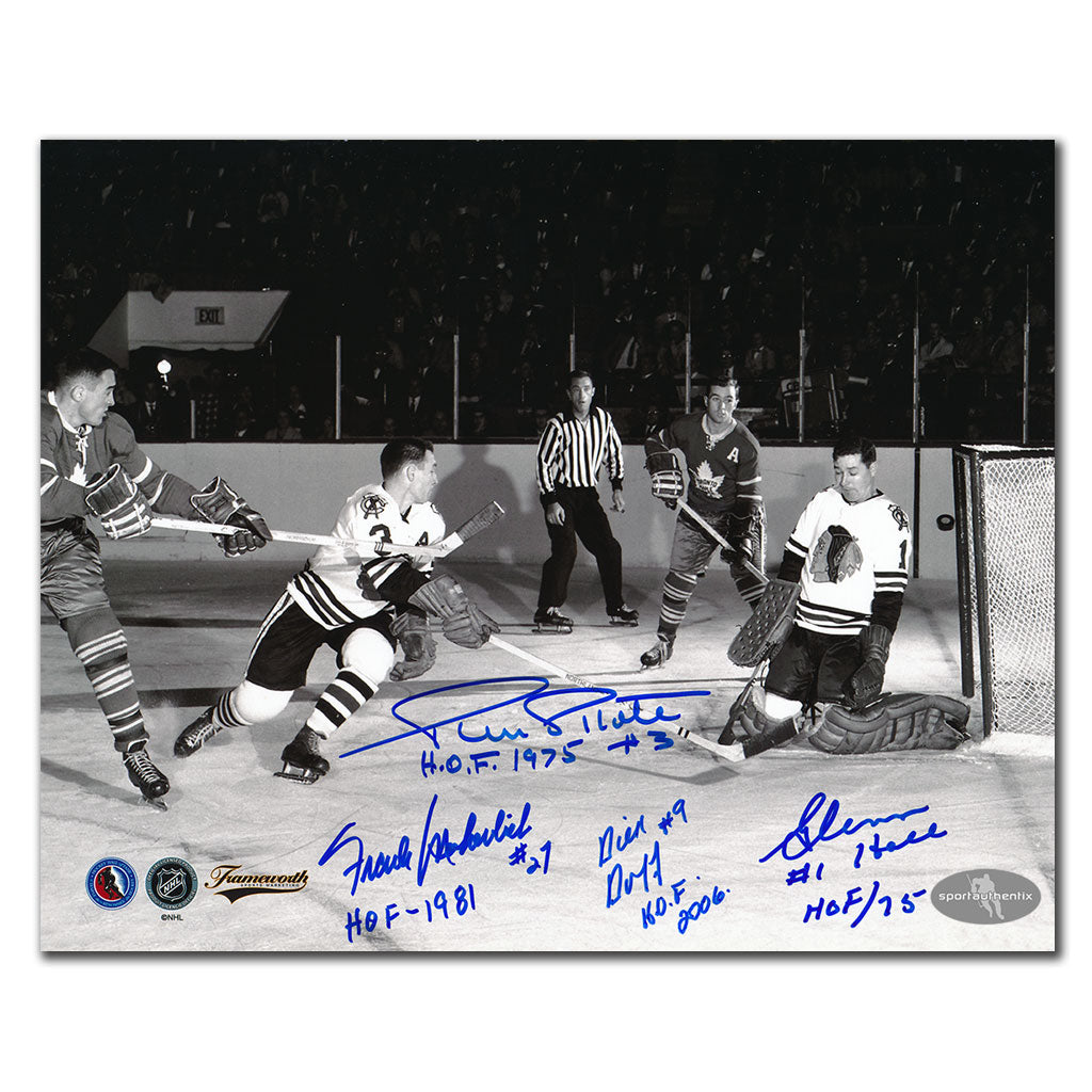 Frank Mahovlich & Dick Duff vs Pierre Pilote & Glenn Hall Autographed 8x10 Photo - Sport Authentix Inc