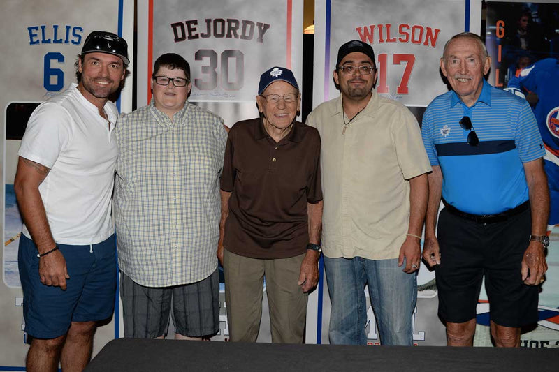 Johnny Bower, Darcy Tucker, and Bob Nevin signing autographs at Dave & Buster's Toronto, July 2016