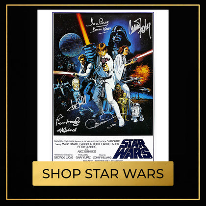 Signed Star Wars memorabilia collection featuring autographed entertainment collectibles