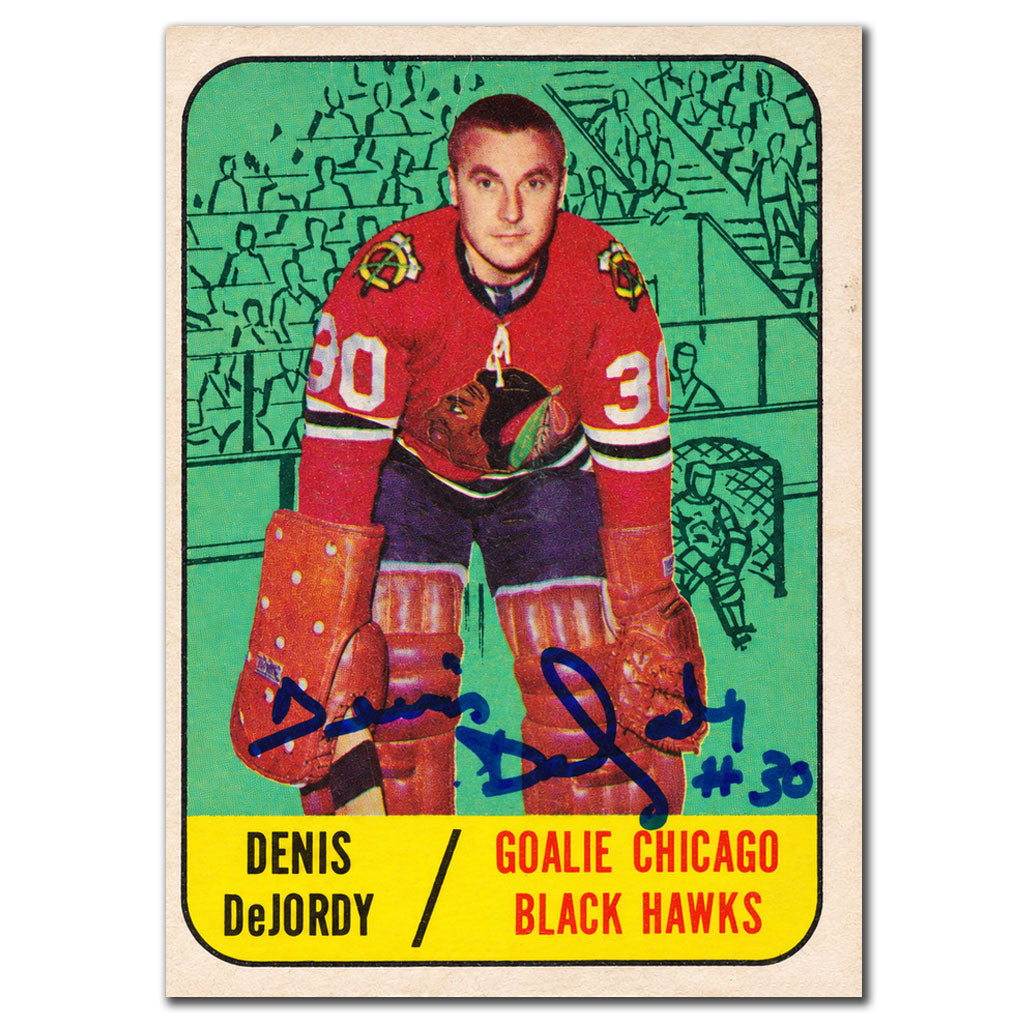 Denis DeJordy autographed 1967-68 Topps hockey card #115 featuring the Chicago Blackhawks goaltender