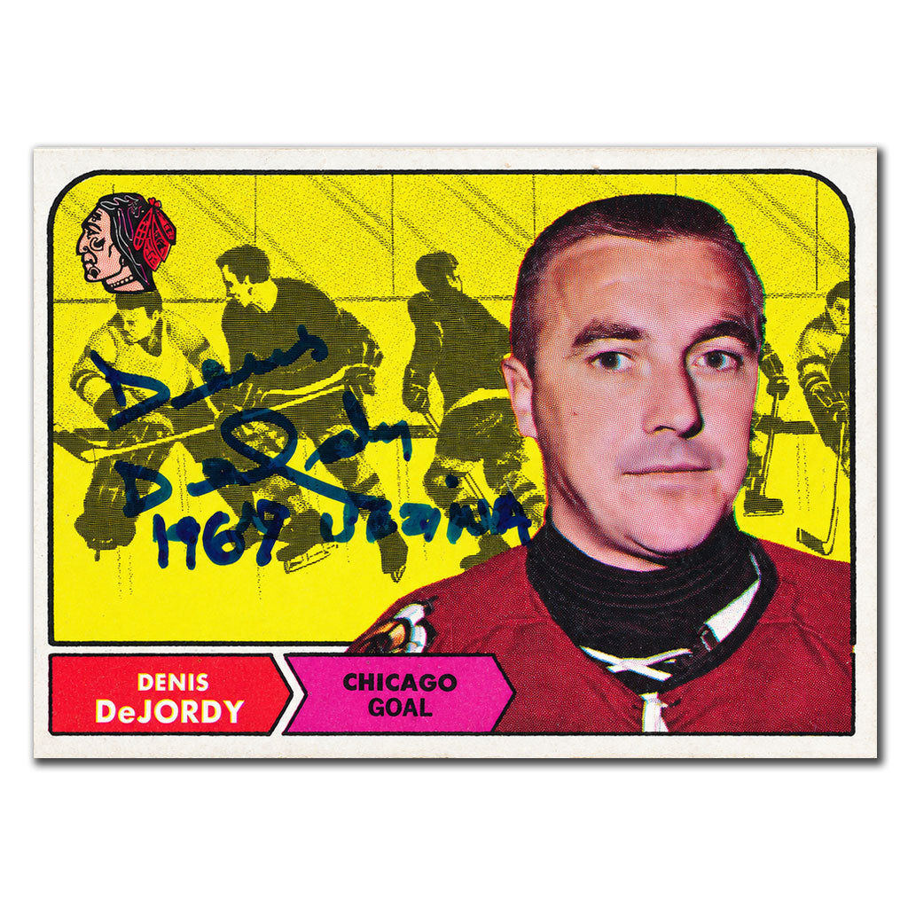 Denis DeJordy autographed 1968-69 Topps hockey card #12 featuring the Chicago Blackhawks goaltender