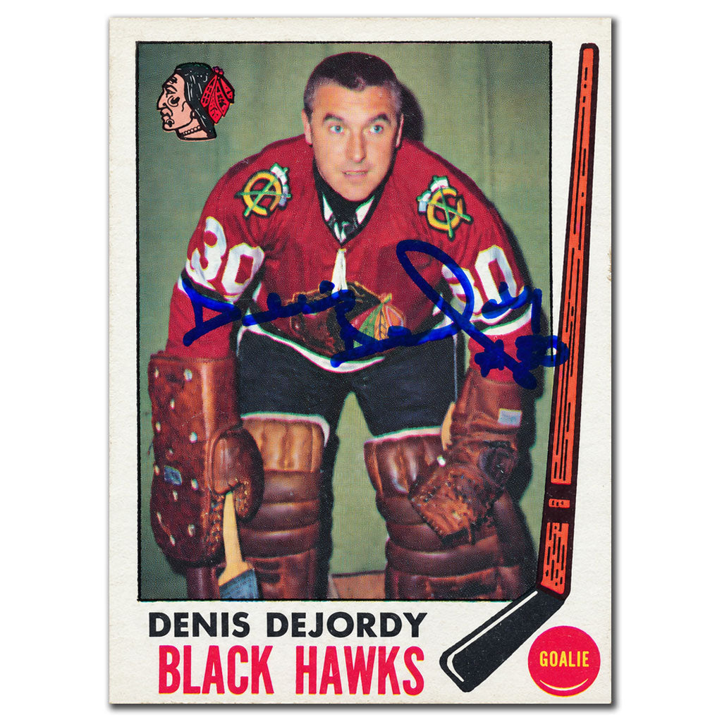 Denis DeJordy autographed 1969-70 Topps hockey card #66 featuring the Chicago Blackhawks goaltender