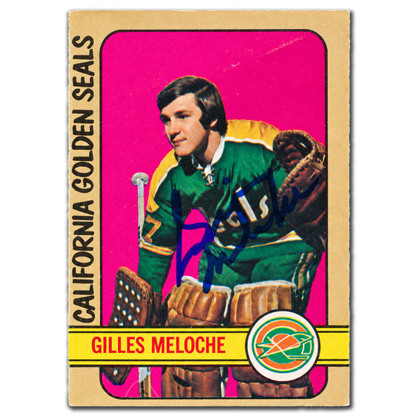Gilles Meloche autographed 1972-73 O-Pee-Chee OPC California Golden Seals rookie hockey card #112