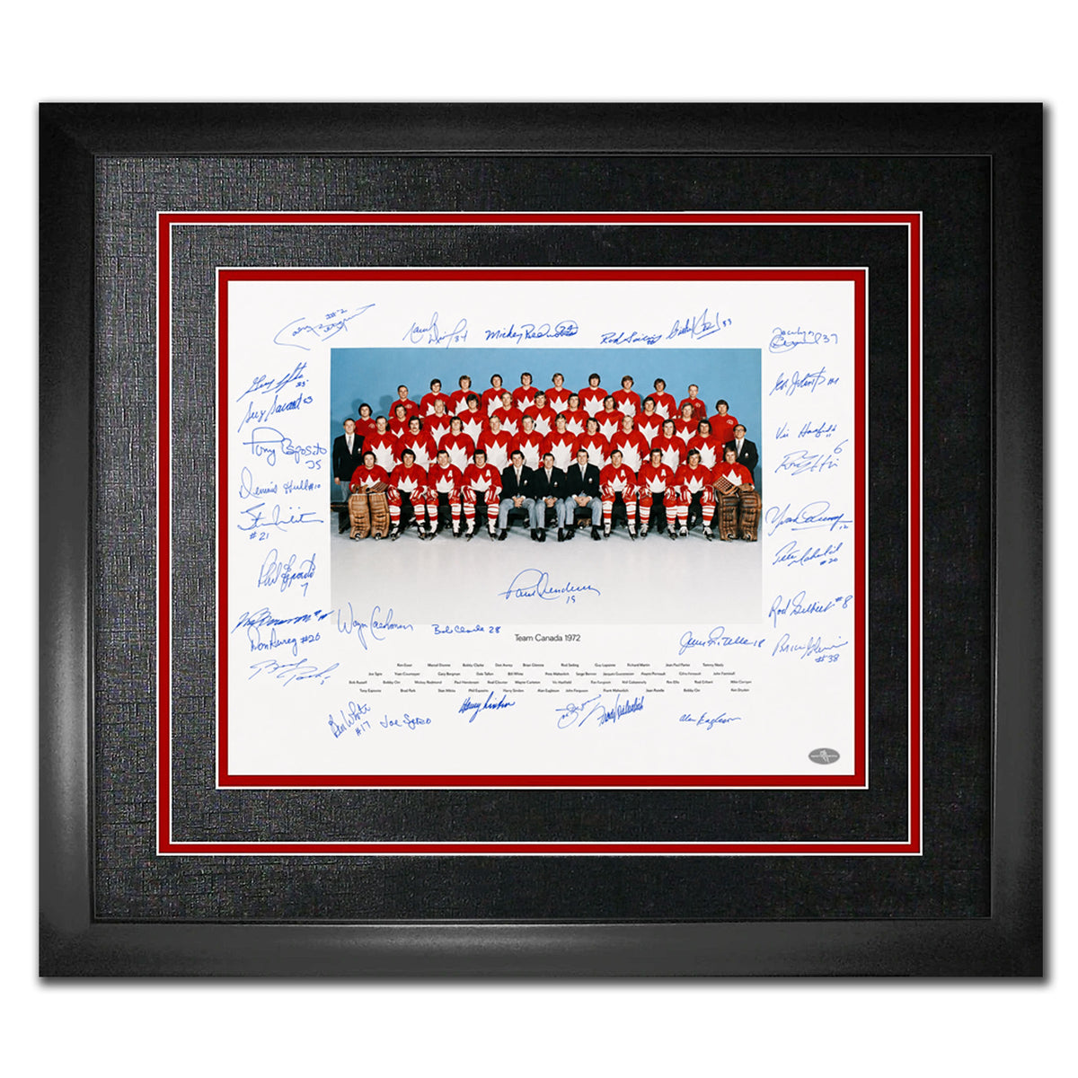 Team Canada autographed 1972 Summit Series framed 16x20 photo with 32 signatures in black frame