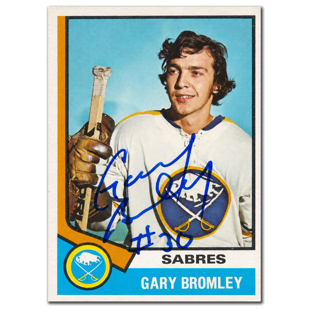 Gary Bromley autographed 1974-75 O-Pee-Chee OPC rookie card #7 featuring the Buffalo Sabres goaltender