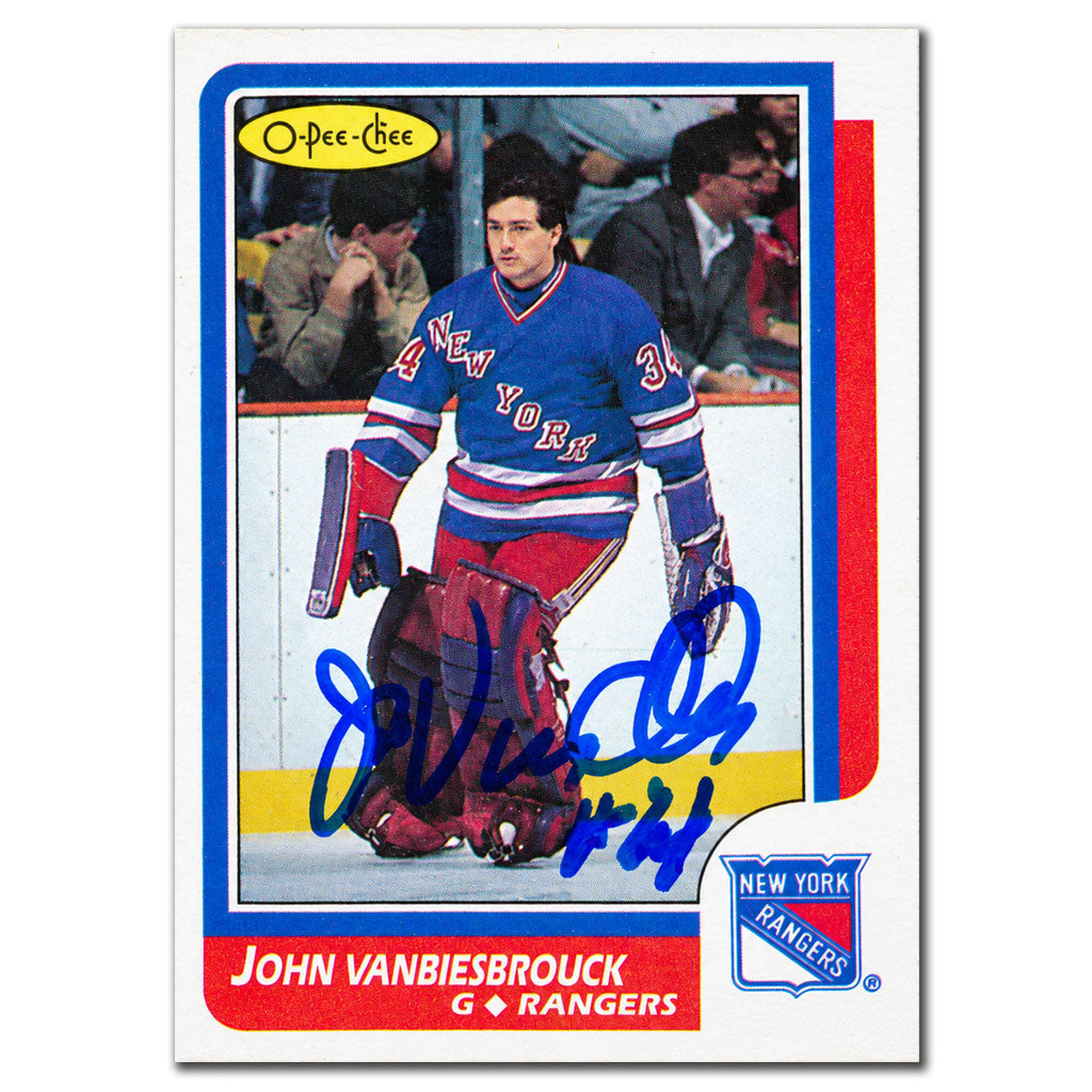 John Vanbiesbrouck autographed 1986-87 O-Pee-Chee OPC rookie hockey card #9 featuring him with the New York Rangers