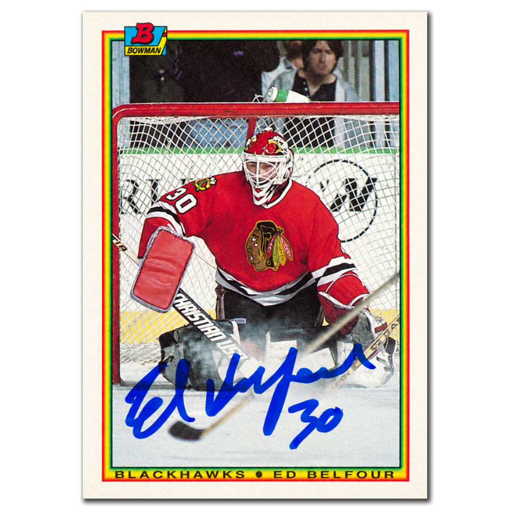 Ed Belfour autographed 1990-91 Bowman Chicago Blackhawks rookie hockey card #7