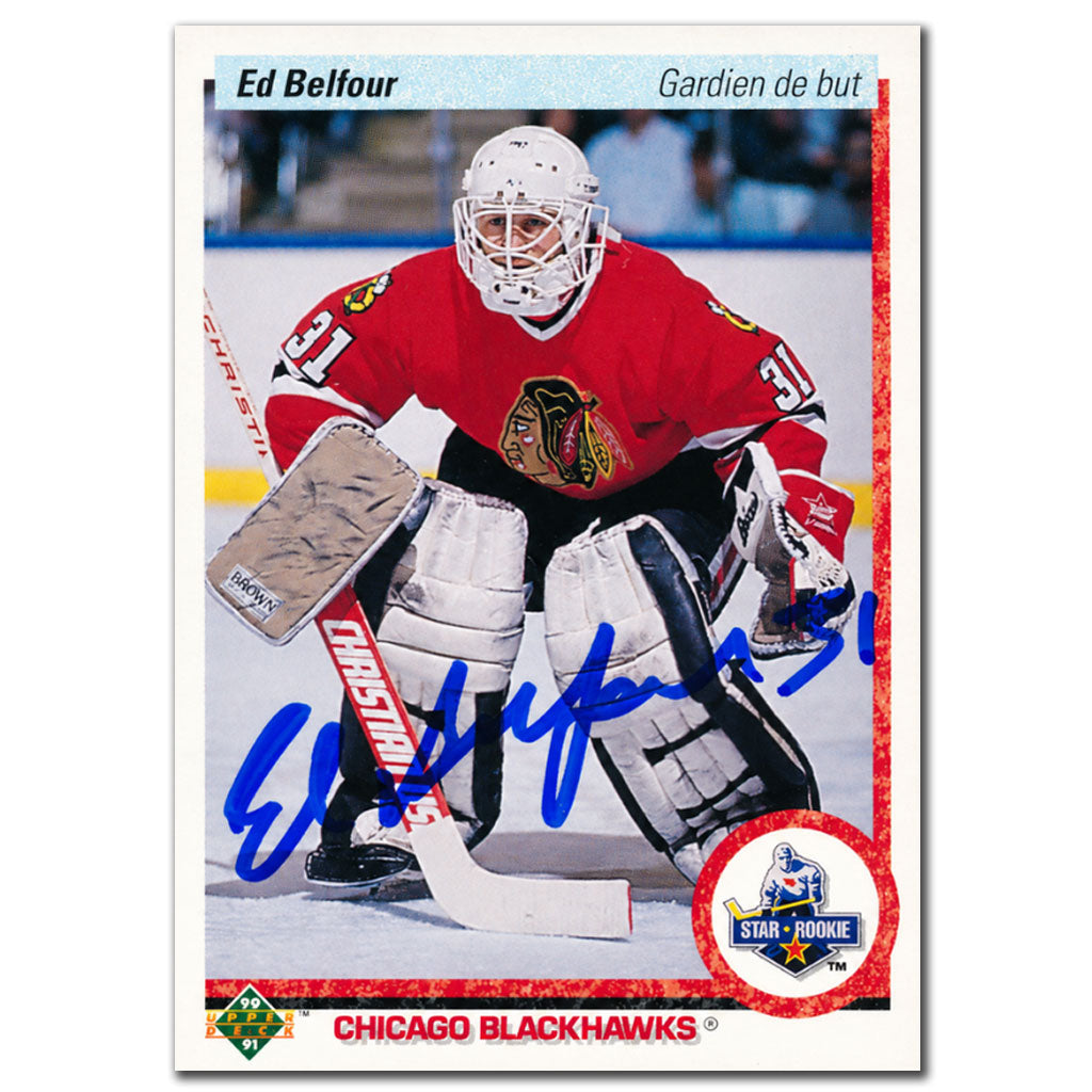 Ed Belfour autographed 1990-91 Upper Deck French Chicago Blackhawks rookie hockey card #55
