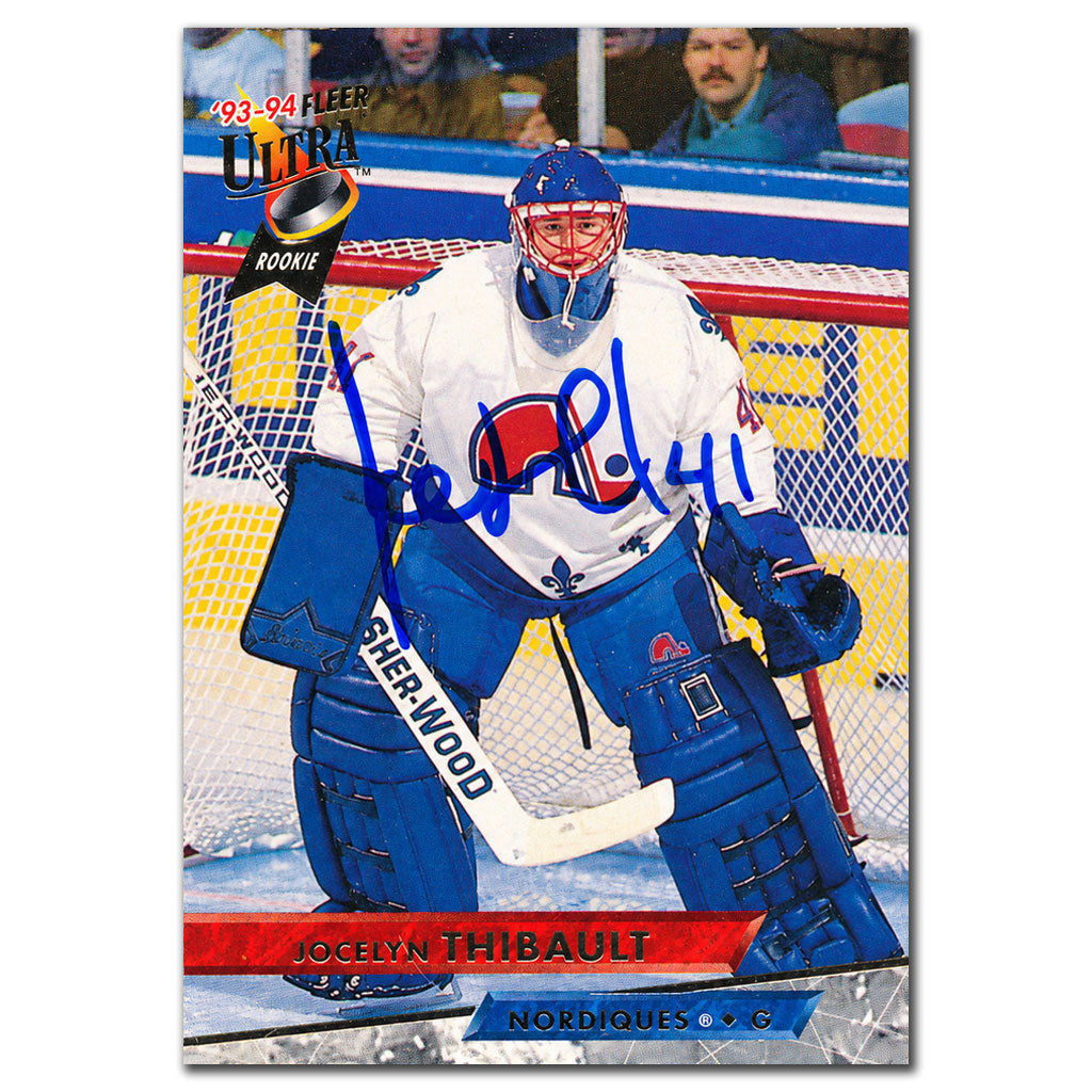 Jocelyn Thibault autographed 1993-94 Fleer Ultra rookie card #406 featuring the Quebec Nordiques goaltender