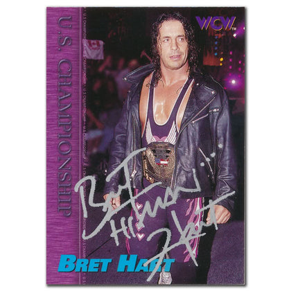 Signed 1998 Topps WCW Bret Hart Autographed Card #70 features Bret Hart in wrestling gear, leather jacket, and championship belt.