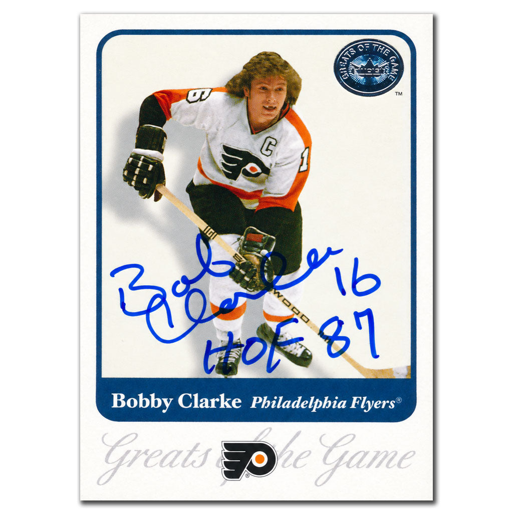 Bobby Clarke autographed 2001-02 Fleer Greats Of The Game Philadelphia Flyers hockey card #33