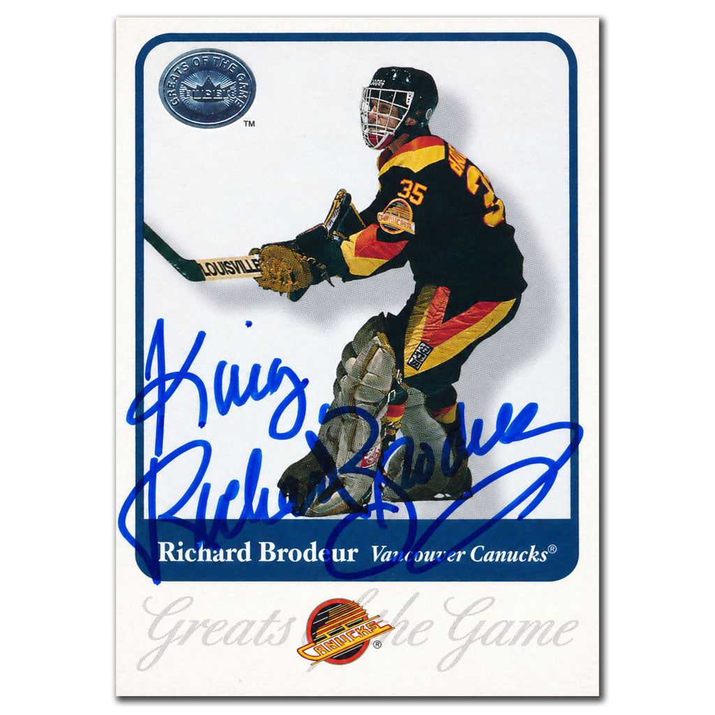 Richard Brodeur autographed 2001-02 Fleer Greats Of The Game Vancouver Canucks hockey card #48