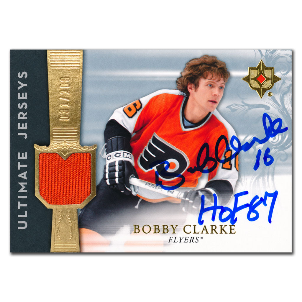 Bobby Clarke autographed 2006-07 Upper Deck Ultimate Collection Philadelphia Flyers Ultimate Jerseys hockey card numbered 31/200