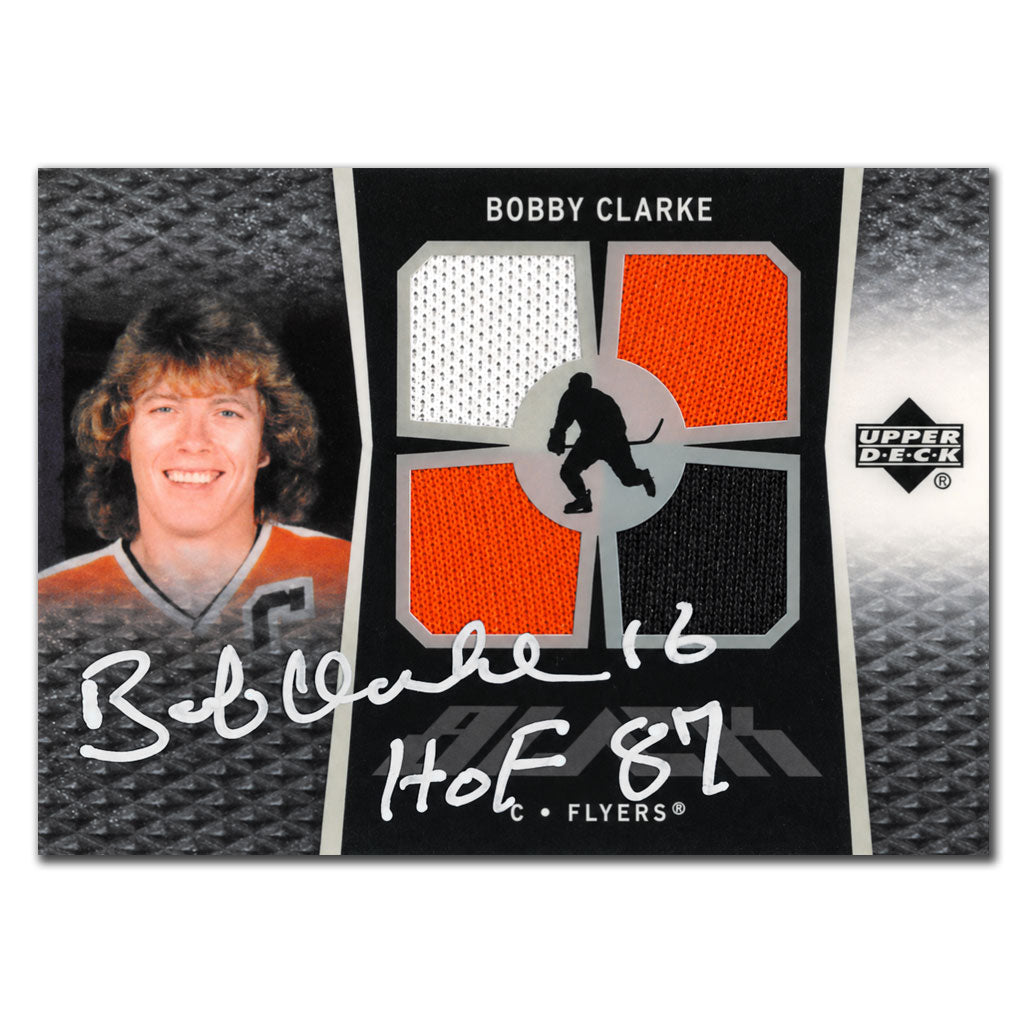 Bobby Clarke autographed 2007-08 Upper Deck Black Philadelphia Flyers Game Used Quad Jersey hockey card #BI-BC