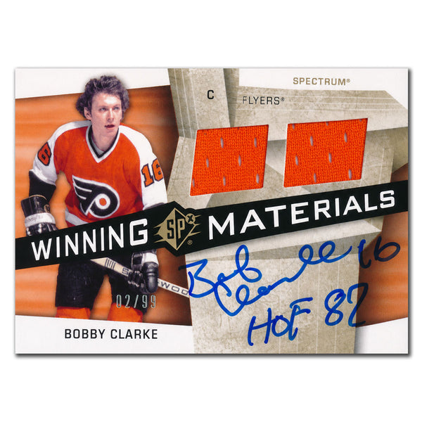 Bobby Clarke autographed 2008-09 Upper Deck SPx Philadelphia Flyers Winning Materials jersey hockey card #WM-CC numbered 2/99