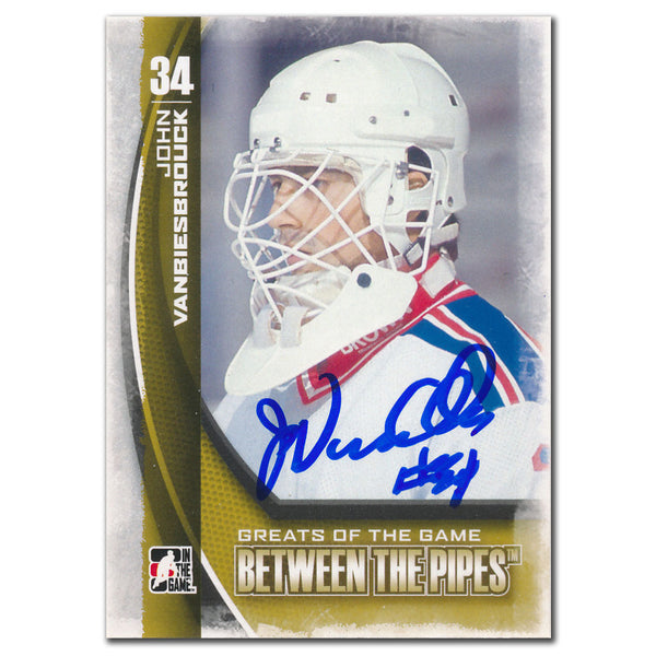 John Vanbiesbrouck autographed 2013-14 In The Game Between The Pipes hockey card #121 featuring him with the New York Rangers