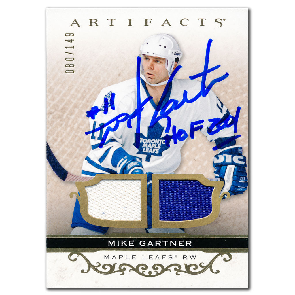 Mike Gartner autographed 2021-22 Upper Deck Artifacts Toronto Maple Leafs Gold Jersey hockey card #154 numbered 80/149