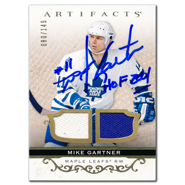 Mike Gartner autographed 2021-22 Upper Deck Artifacts Toronto Maple Leafs Gold Jersey hockey card #154 numbered 80/149