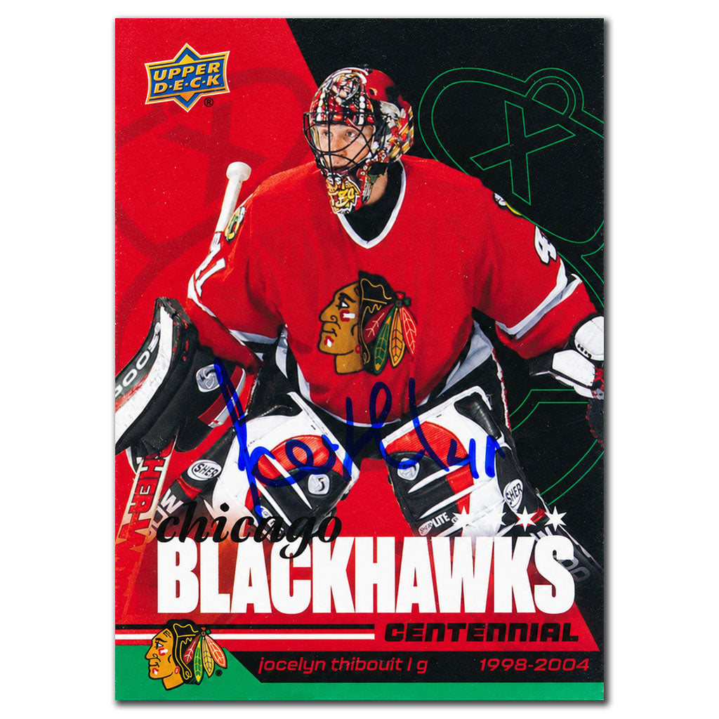 Jocelyn Thibault autographed 2025-26 Upper Deck Chicago Blackhawks Centennial green parallel hockey card #4