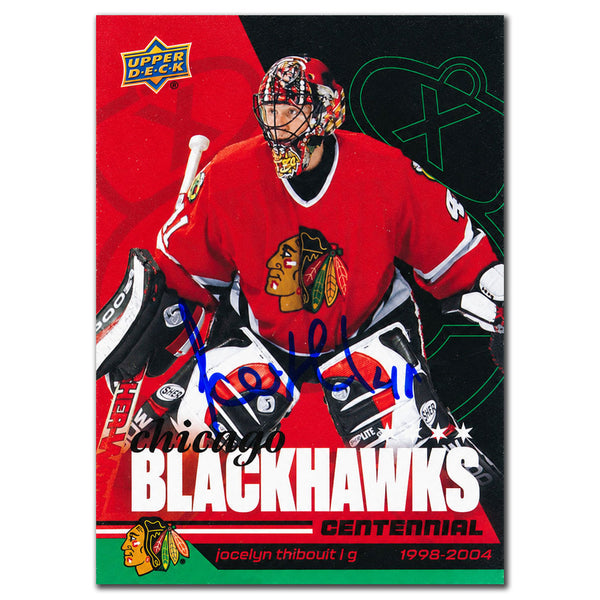 Jocelyn Thibault autographed 2025-26 Upper Deck Chicago Blackhawks Centennial green parallel hockey card #4