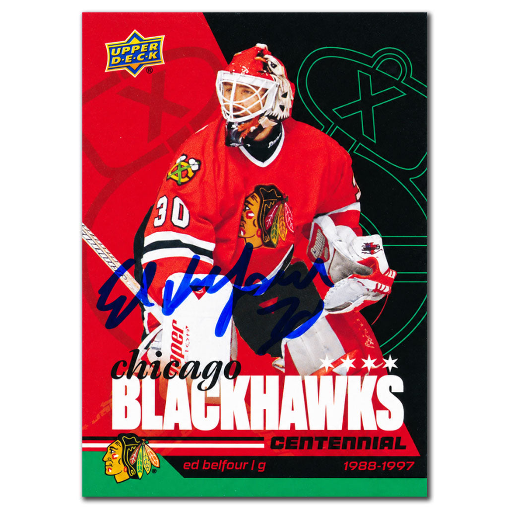 Ed Belfour autographed 2025-26 Upper Deck Chicago Blackhawks Centennial Green Parallel hockey card #44