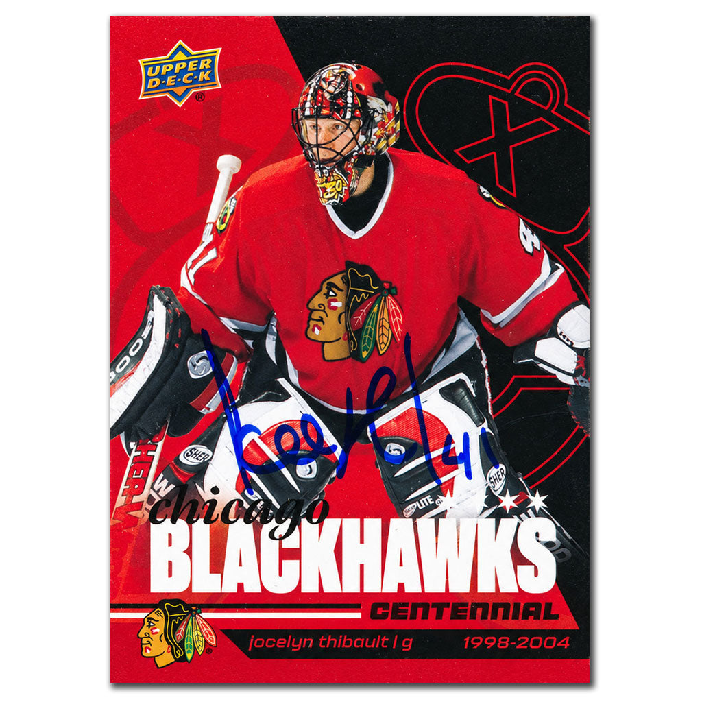 Jocelyn Thibault autographed 2025-26 Upper Deck Chicago Blackhawks Centennial red parallel hockey card #4