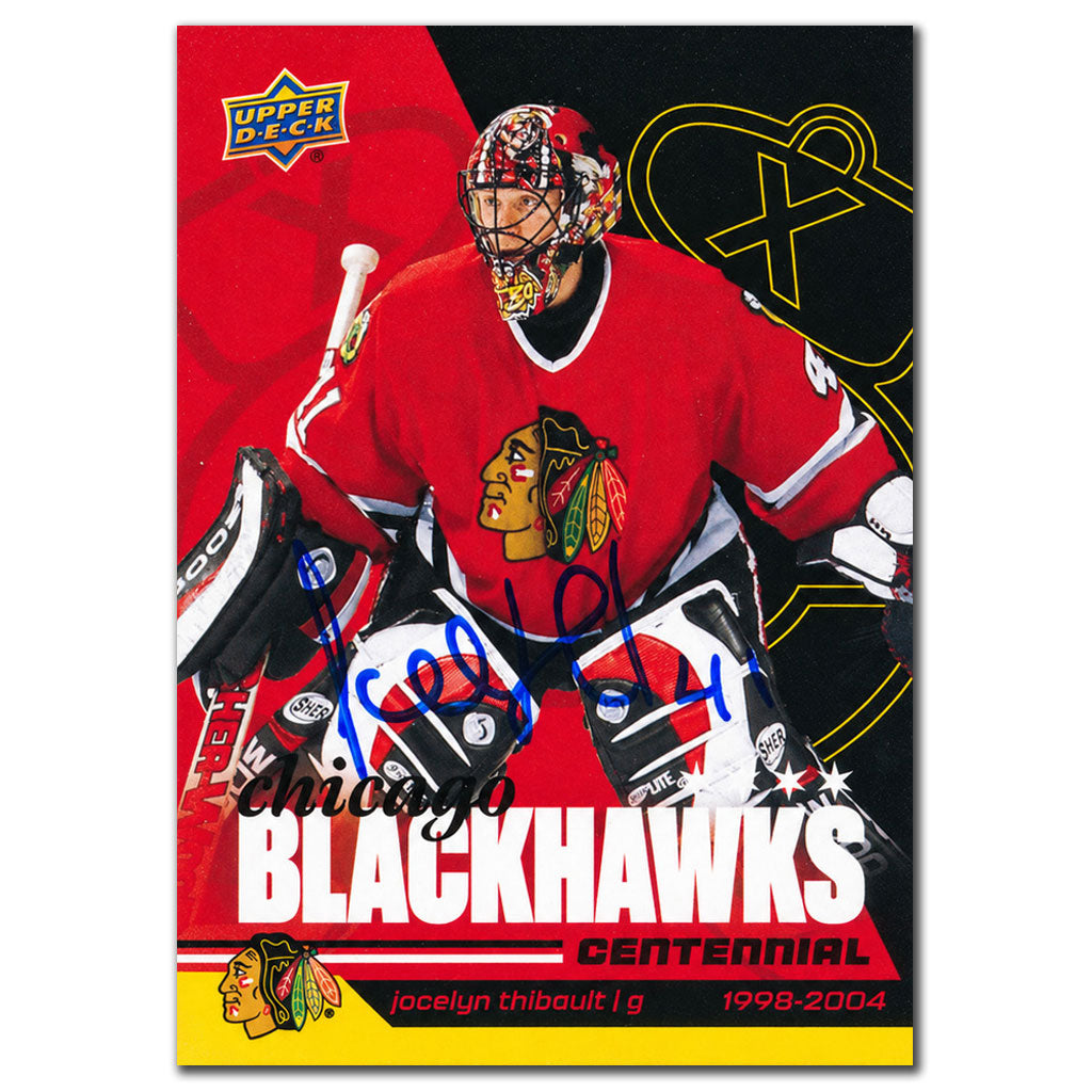 Jocelyn Thibault autographed 2025-26 Upper Deck Chicago Blackhawks Centennial yellow parallel hockey card #4