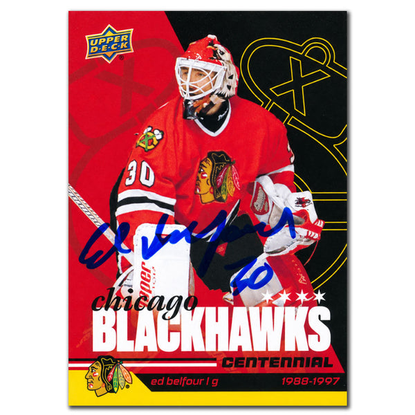 Ed Belfour autographed 2025-26 Upper Deck Chicago Blackhawks Centennial Yellow Parallel hockey card #44