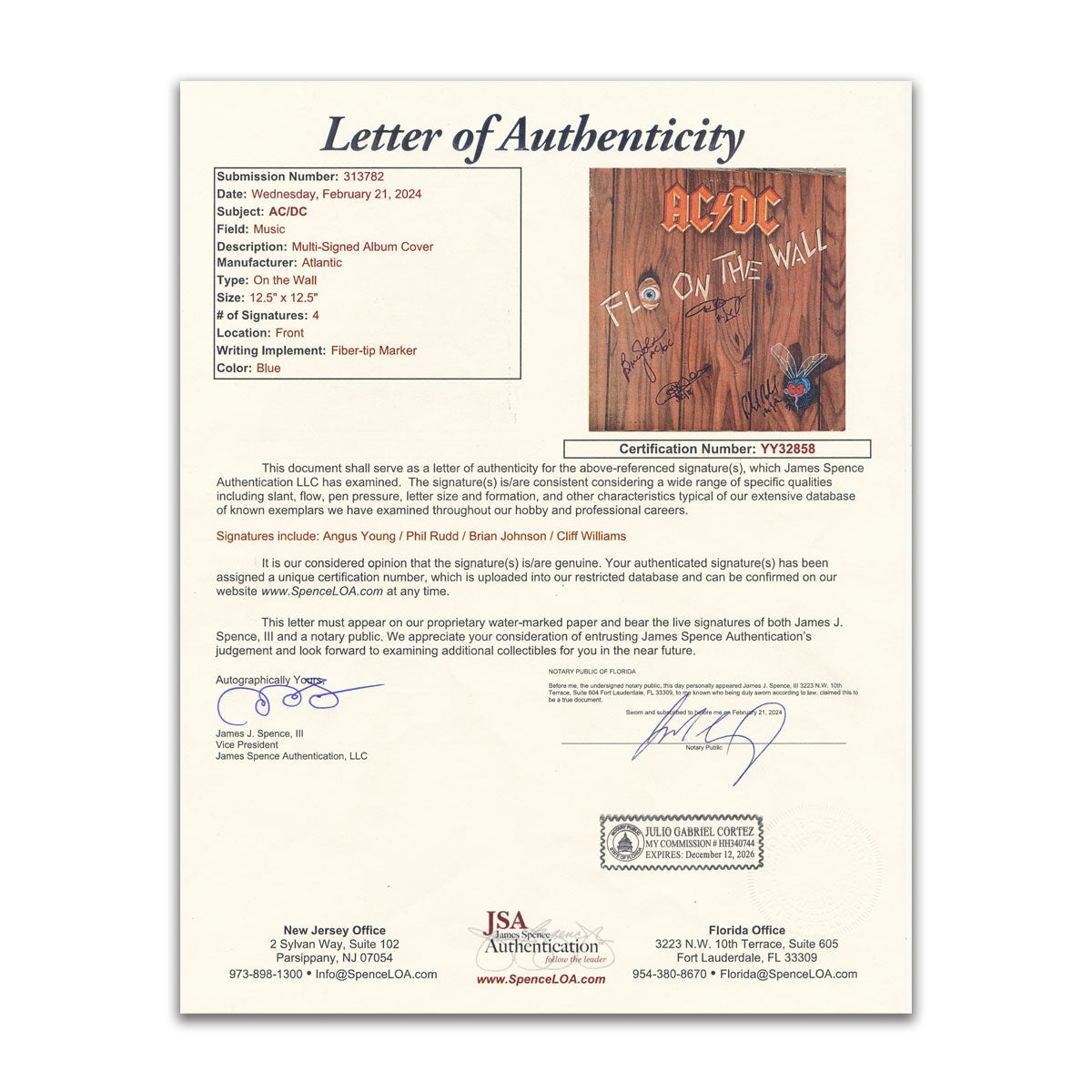 JSA Letter of Authenticity for AC/DC signed Fly on the Wall vinyl record