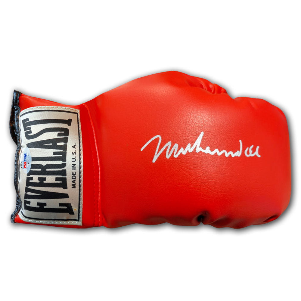 Muhammad Ali autographed red Everlast boxing glove with silver signature and PSA DNA authentication