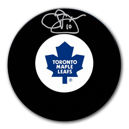 Toronto Maple Leafs puck featuring John Anderson’s autograph in silver ink and the team logo; NHL licensed collectible display item.