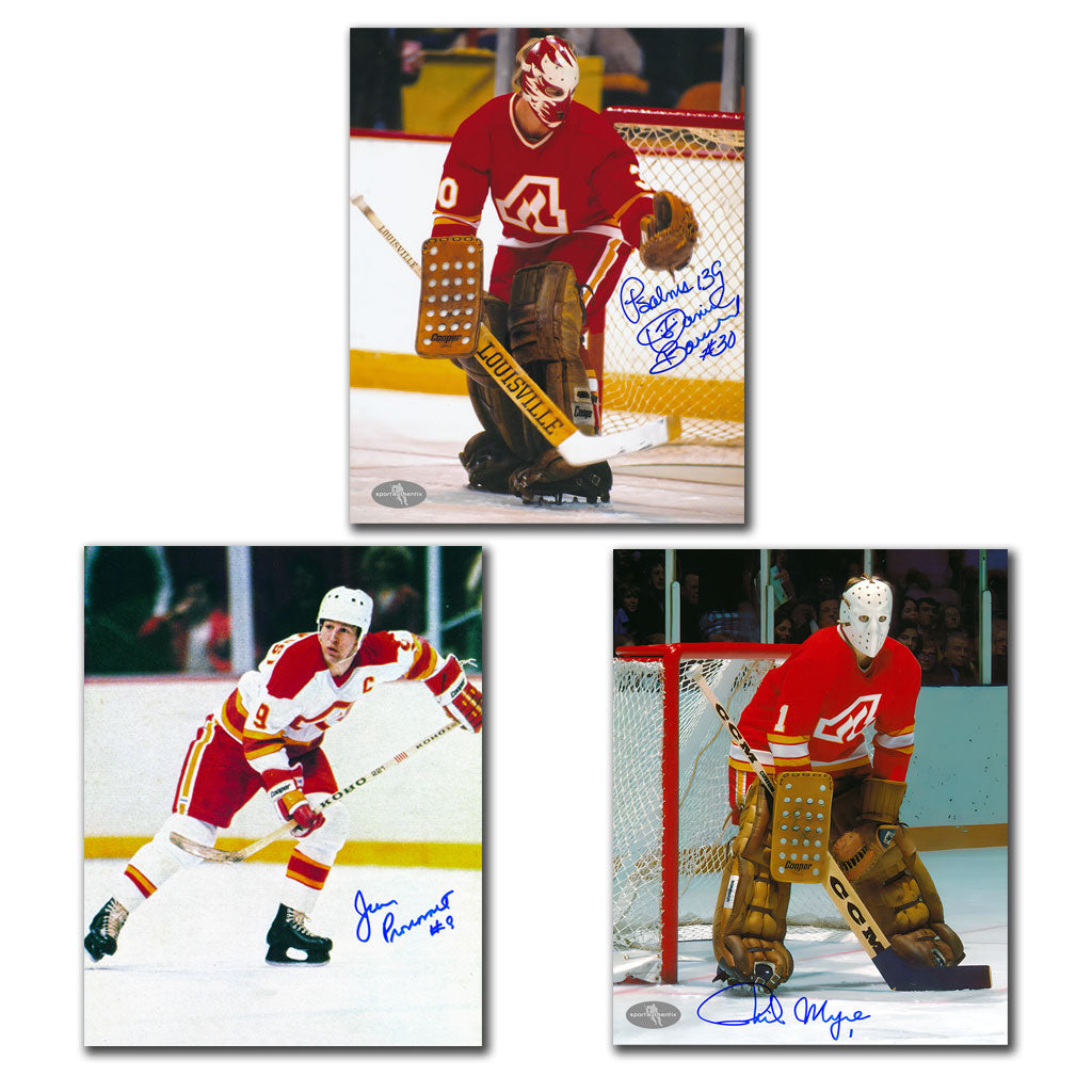 Dan Bouchard, Phil Myre and Jean Pronovost autographed Atlanta Flames 8x10 photo bundle