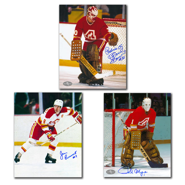 Dan Bouchard, Phil Myre and Jean Pronovost autographed Atlanta Flames 8x10 photo bundle