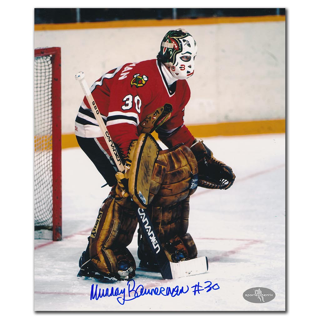 Murray Bannerman autographed Chicago Blackhawks 8x10 photo guarding the crease