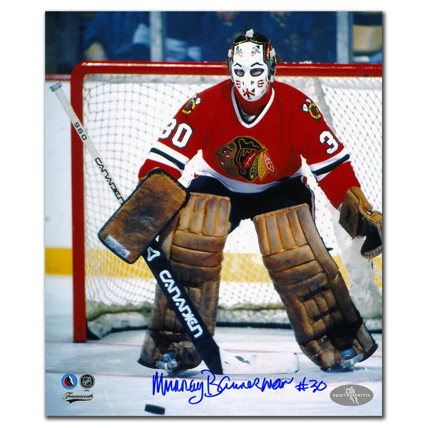 Murray Bannerman autographed Chicago Blackhawks 8x10 photo between the pipes