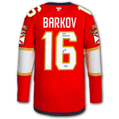 Autographed Aleksander Barkov #16 Panthers jersey by Fanatics, featuring authentic patches; premium signed jersey memorabilia.