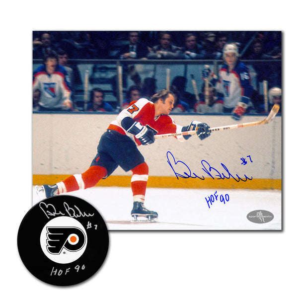 Bill Barber autographed Philadelphia Flyers hockey puck and 8x10 photo combo featuring Flyers game action and signed team logo puck with HOF 90 inscription