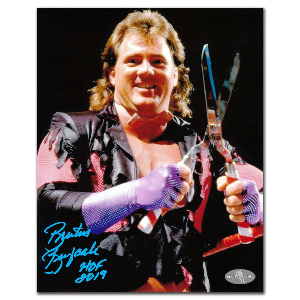 Autographed 8x10 WWE Ringside photo featuring Brutus The Barber Beefcake holding shears, with visible signature on the print.