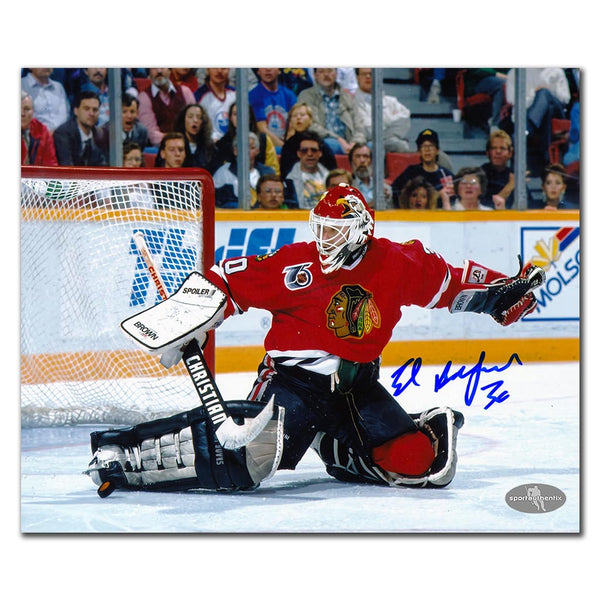 Ed Belfour autographed Chicago Blackhawks 8x10 photo in a kick-save pose