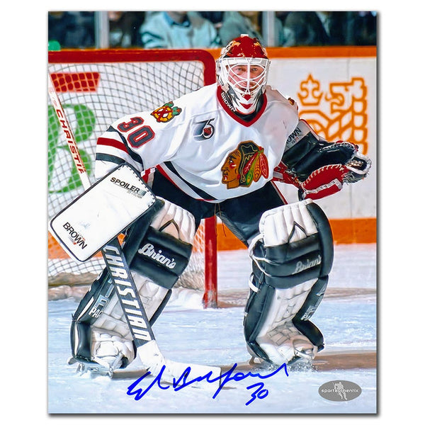 Ed Belfour autographed Chicago Blackhawks 8x10 photo in a ready stance