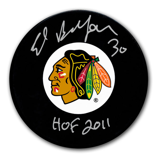 Ed Belfour autographed Chicago Blackhawks hockey puck with HOF 2011 inscription