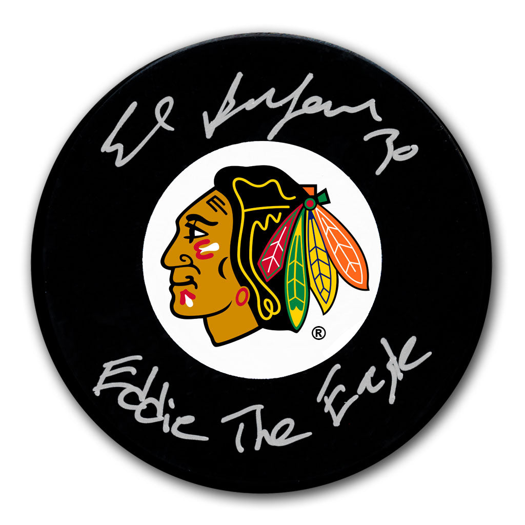 Ed Belfour autographed Chicago Blackhawks hockey puck with Eddie The Eagle inscription