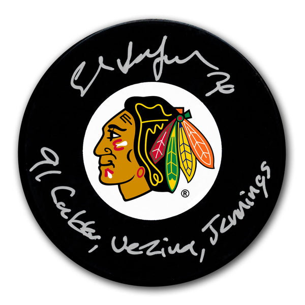 Ed Belfour Autographed Chicago Blackhawks Hockey Puck - 1991 Calder Vezina Jennings