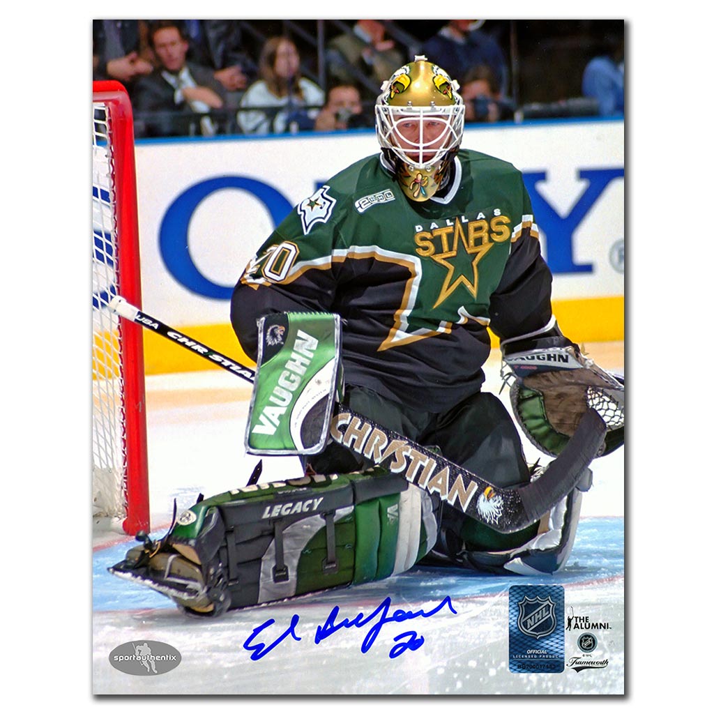 Ed Belfour autographed Dallas Stars 8x10 photo in a butterfly stance
