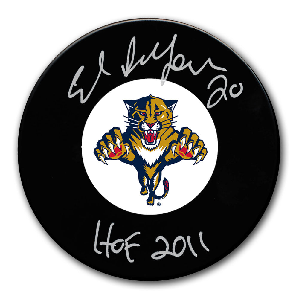 Ed Belfour autographed Florida Panthers hockey puck with HOF 2011 inscription